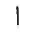 A black plastic pen with a silver tip and clip, featuring a logo.