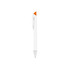 A white pen with an orange triangular accent and silver clip, featuring a logo on the barrel.