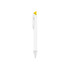 A pen featuring a white body with a yellow tip and a silver clip, displayed against a plain background.