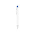 A white pen with a blue tip and silver accents, featuring a logo on the body.