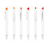 A collection of white pens with various coloured tips: orange, red, and orange-red, featuring a logo on each.