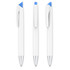 A set of grey pens with blue accents and a silver tip, featuring a logo on their body.