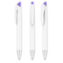 A set of three gray pens with white bodies and purple accents, featuring a clip and a logo on each pen.