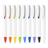 A collection of plastic pens with creamy white barrels and various coloured clips, including orange, yellow, green, blue, purple, and black.