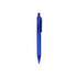 A transparent blue plastic pen with a cap and clip, featuring a black ink tip. Includes branding on the barrel.