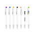 A set of plastic pens featuring creamy white barrels, with various coloured caps and decorative designs.