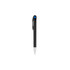 A plastic pen with a black barrel and a blue button. It features a silver nib and has a branded logo.