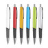 A collection of six plastic pens in white, red, yellow, blue, green, and gray, featuring a logo on each.