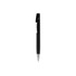 A black pen with a silver clip and nib, featuring a sleek design and a branding logo.