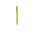 A green pen with a silver clip, featuring a sleek design and a shiny finish. It has a branding logo.