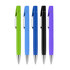 A set of five pens in green, blue, light blue, black, and purple, featuring a logo on each.