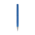 A blue pen with a sleek spray finish and a chrome clip, featuring a logo.