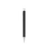 A flat black plastic pen with a silver tip and transparent clip, featuring a logo on the barrel.