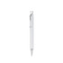 A silver pen with a sleek design and a clip, featuring a brand logo.