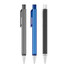 Three plastic pens in grey, blue, and black, each with a clip and a decorative logo.