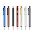 A collection of metal pens in blue, brown, red, gold, silver, and black, featuring various designs and a logo.