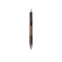 A plastic pen in brown and black, featuring a sleek design with a clip and a logo.