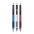 Three plastic pens in blue, silver, and red, featuring black grips and chrome accents. Includes a logo on each pen.