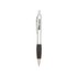 A silver metal pen with a black rubber grip and a logo on the barrel.