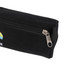 A black canvas pencil case with a zip closure and a logo on one side.