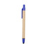 A stylus pen with a brown paper barrel and blue accents, featuring a touch head and clip. It has a logo.