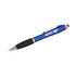 A blue stylus pen with a black grip and a silver clip, featuring a logo on its side.