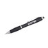 A black stylus pen with a silver clip and tip, featuring a branding logo.