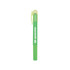 A green highlighter crayon with a transparent cap and a ribbed barrel, featuring a logo.
