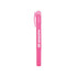 A pink highlighter crayon with a cap and ribbed grip, featuring a branding logo.