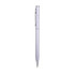 A silver aluminium cross pen with a sleek design and a chrome clip, featuring a branding logo.