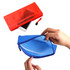 Red and blue zippered pouches with mesh design, showcasing interior and a smartphone in the red pouch.