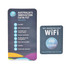 A promotional card featuring a logo, listing innovations like WiFi and contact lenses, in blue and green tones.