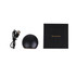 A black charging case with true wireless earbuds, a USB cable, and a packaging box.