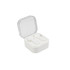 White true wireless earbuds inside a square charging case with a translucent lid.