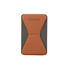 A brown and grey phone stand card holder with a logo, designed for convenient phone wallet use.
