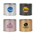 Four small tin cans in various colours: silver, black, rose gold, and gold, each featuring different logos.