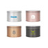 Four medium tins with transparent windows, featuring silver, rose gold, copper, and black finishes. Each tin has a logo.