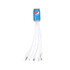 A drink bottle in blue with multiple white charging cables attached, featuring a logo.
