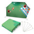 An outdoor hexagon blanket, 280x210cm, featuring a vibrant green design with picnic elements and a logo. Includes pegs.