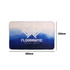A flannel logo mat with a gradient of blue shades, featuring a logo in the centre. Dimensions are 800mm by 500mm.