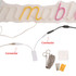 A collection of LED sign connectors in various colours, including yellow, pink, and white, with mounting accessories.