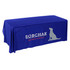 A blue 3-sided throw table cloth for an 8ft table featuring a logo.