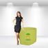 A fitted round table cover in bright green with a logo, displayed alongside a woman in a black dress.