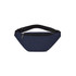A navy bum bag with a black adjustable strap and a front zip pocket, featuring a logo.