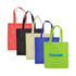 Five non-woven long handle bags in red, black, cream, blue, and green, featuring a logo on the blue bag.