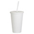 A matte white plastic cup with a lid and straw, designed for drinks. Features a logo.