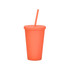 A matte orange plastic cup with a lid and straw, designed for drinkware use. Includes a logo.