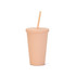 A 16oz matte plastic cup in a soft peach colour with a lid and a straw, featuring a logo.
