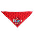 A red triangle pet bandana featuring a playful birthday theme and a logo.