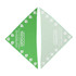 A green and light green triangular pet bandana with a paw print pattern. It features a logo on one side.